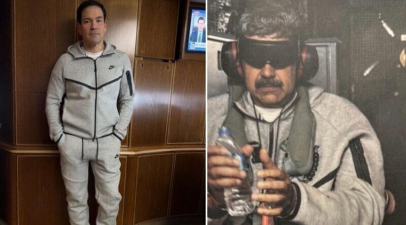 Marco Rubio poses on Air Force One with the same sports clothing that Nicolás Maduro wore during his capture